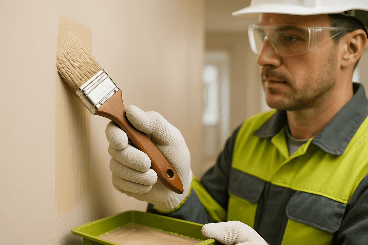 Close-up of gloved hands applying neutral paint on interior wall with quality brush